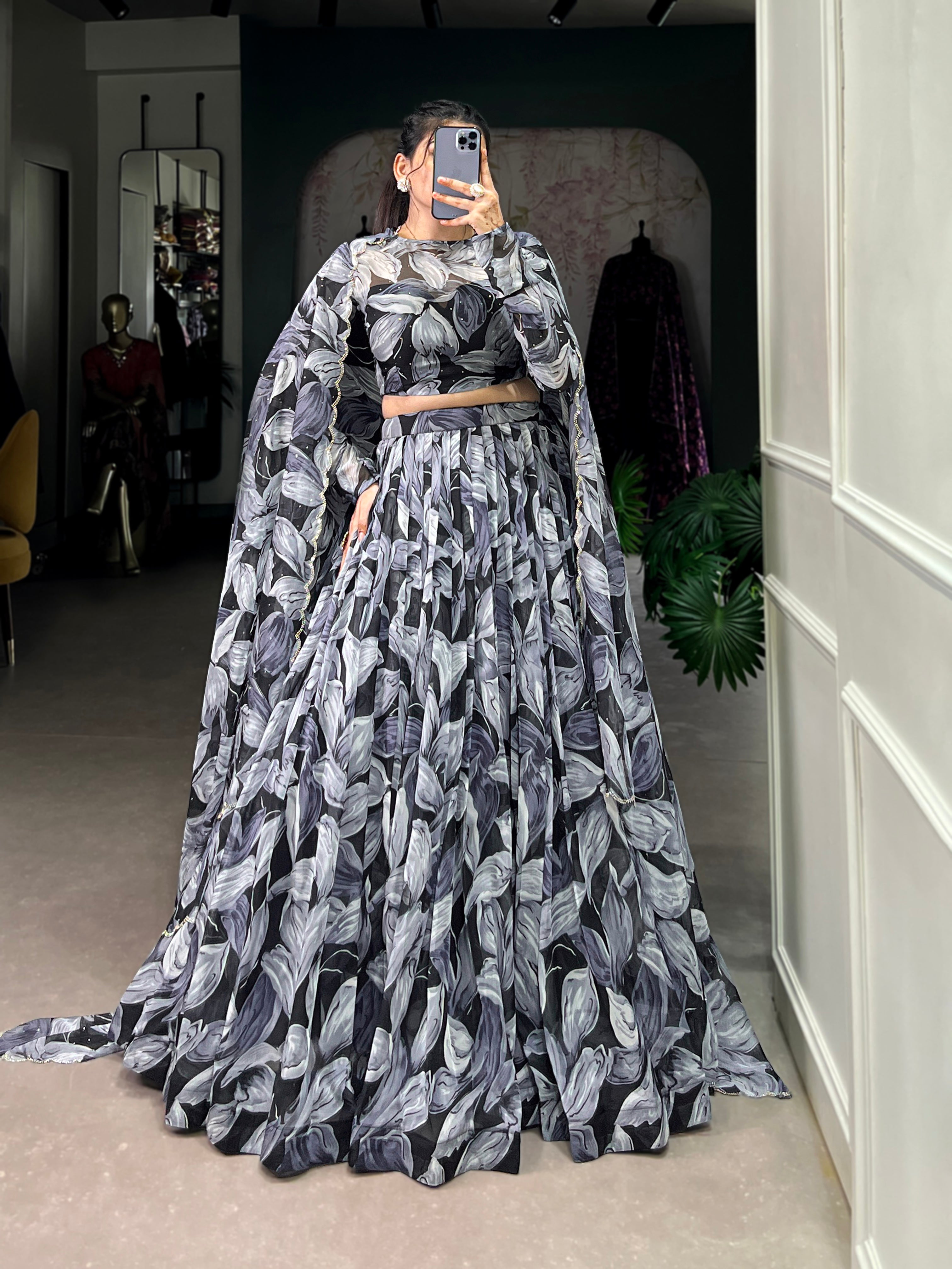 Lorenvalley Black Tabby Silk Printed with Hotfix Lehenga Choli with Dupatta