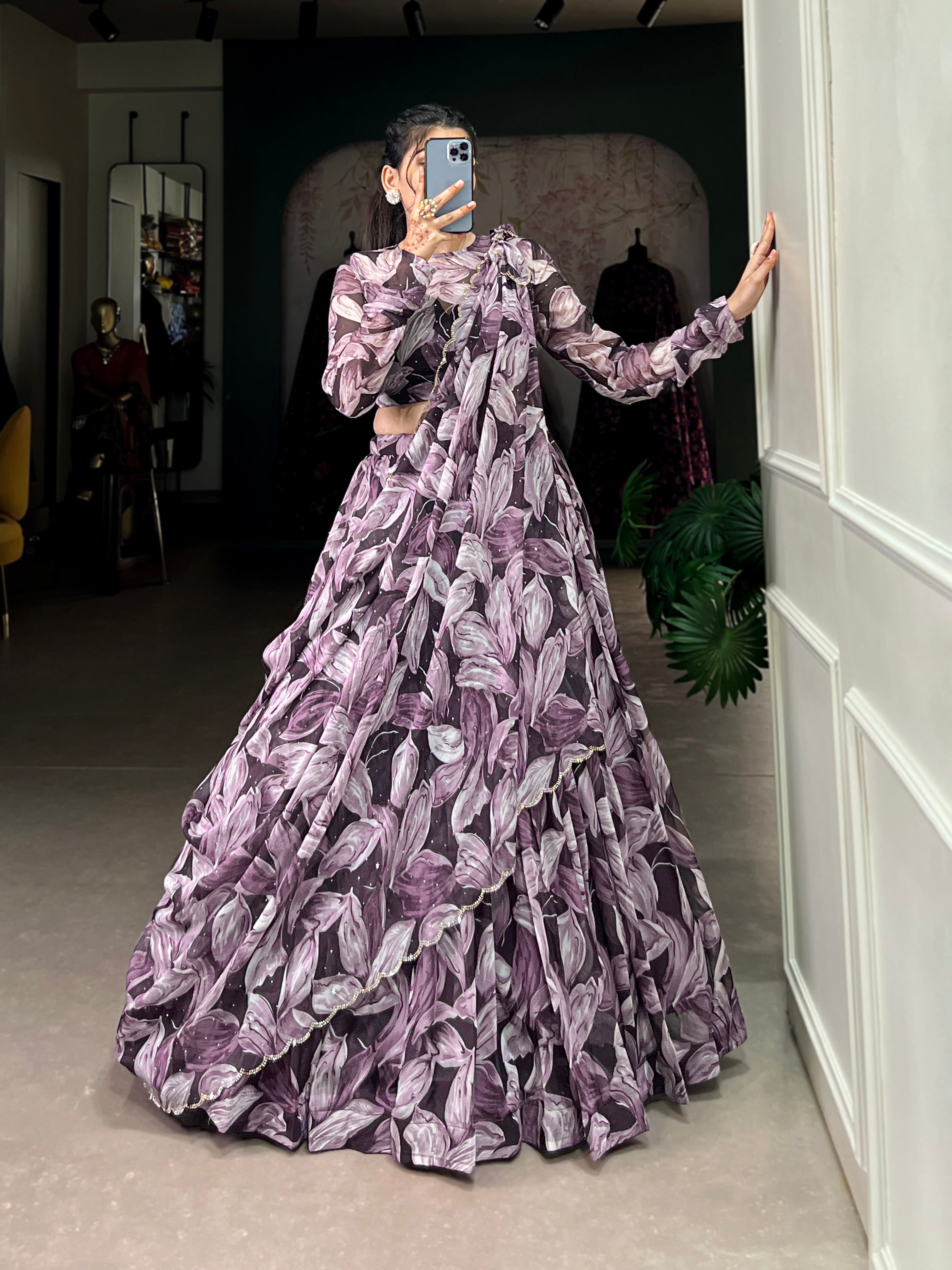 Lorenvalley Coffee Tabby Silk Printed with Hotfix Lehenga Choli with Dupatta - Distacart