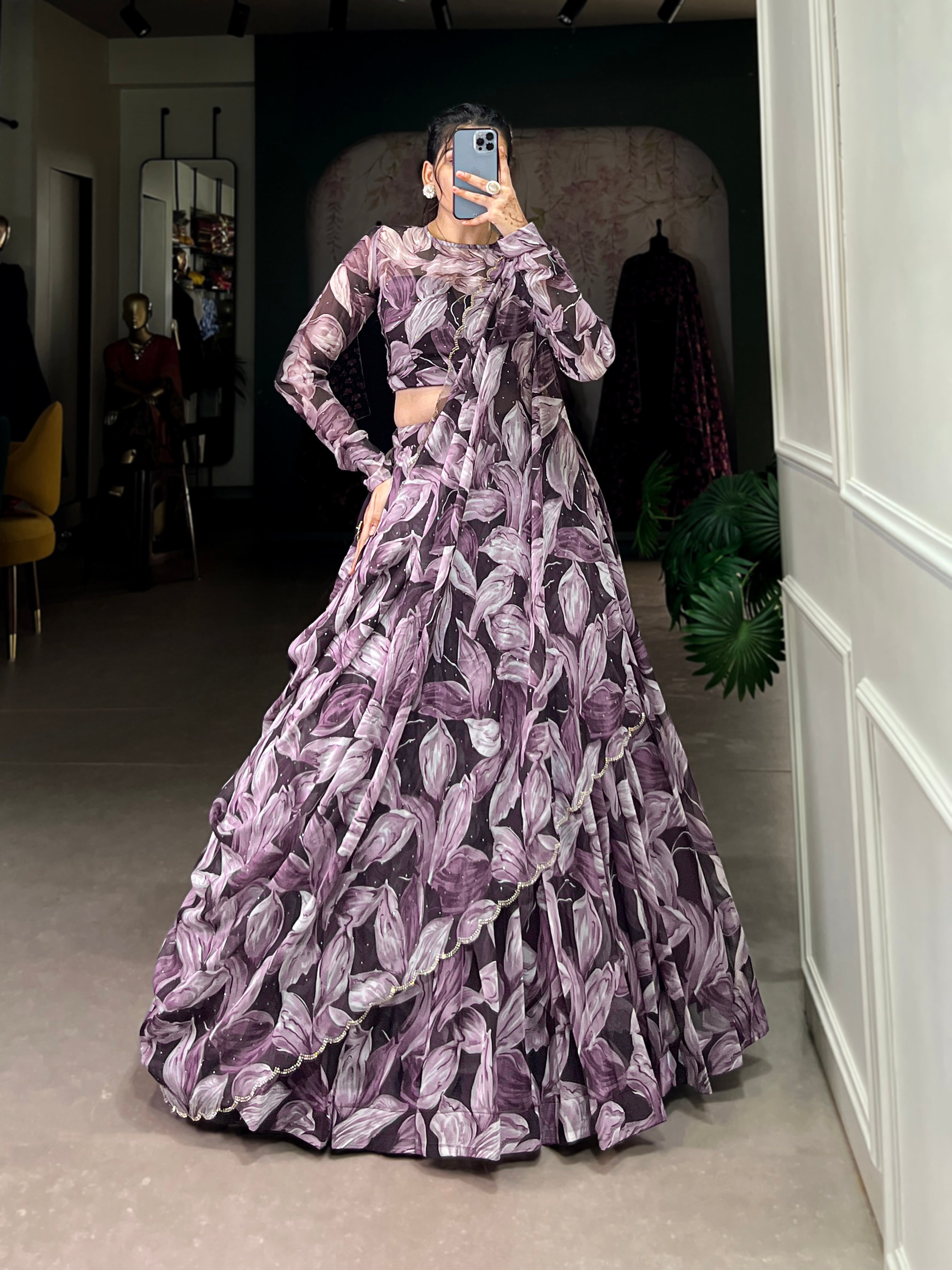 Lorenvalley Coffee Tabby Silk Printed with Hotfix Lehenga Choli with Dupatta - Distacart