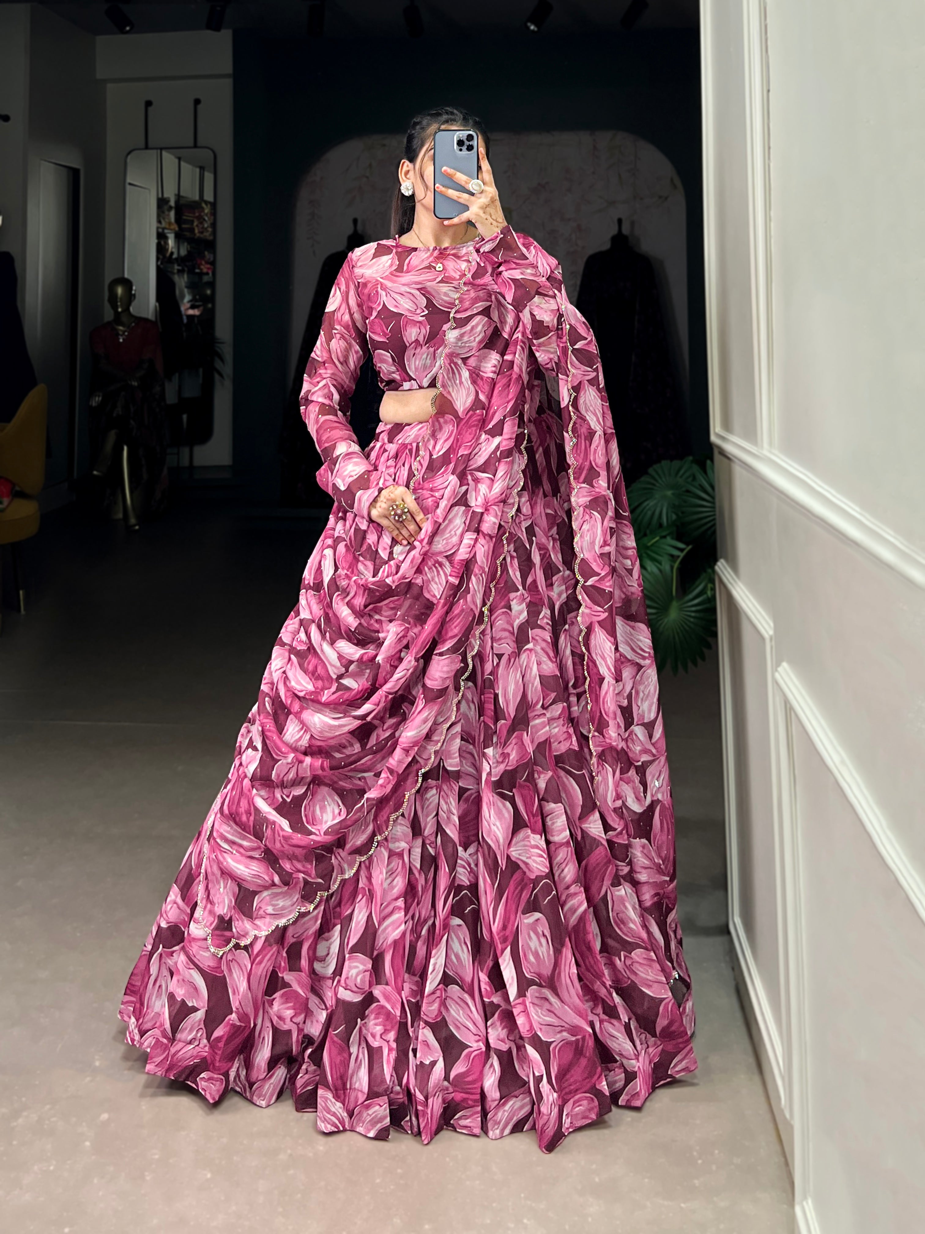 Lorenvalley Maroon Tabby Silk Printed with Hotfix Lehenga Choli with Dupatta - Distacart