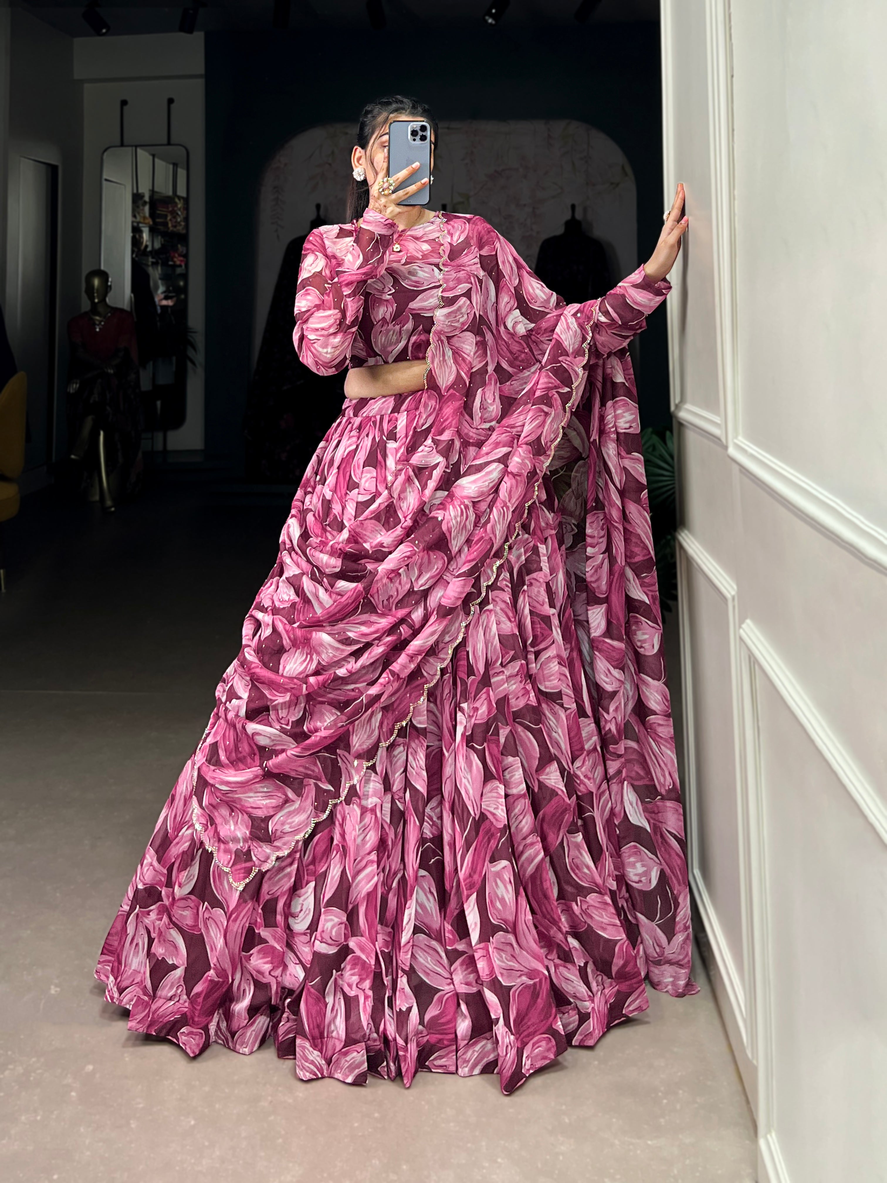 Lorenvalley Maroon Tabby Silk Printed with Hotfix Lehenga Choli with Dupatta - Distacart