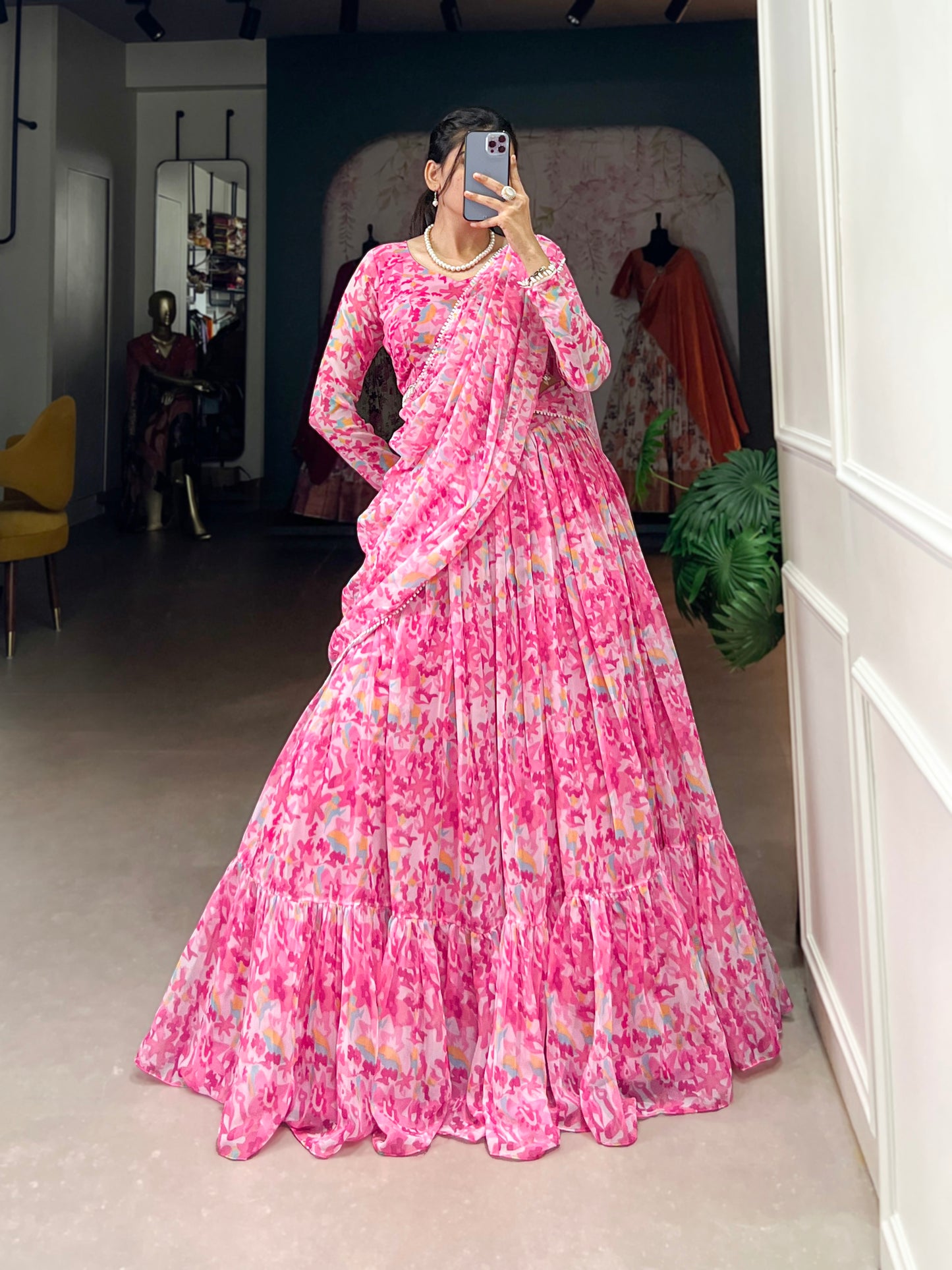Lorenvalley Pink Georgette Printed Lehenga Choli - Distacart