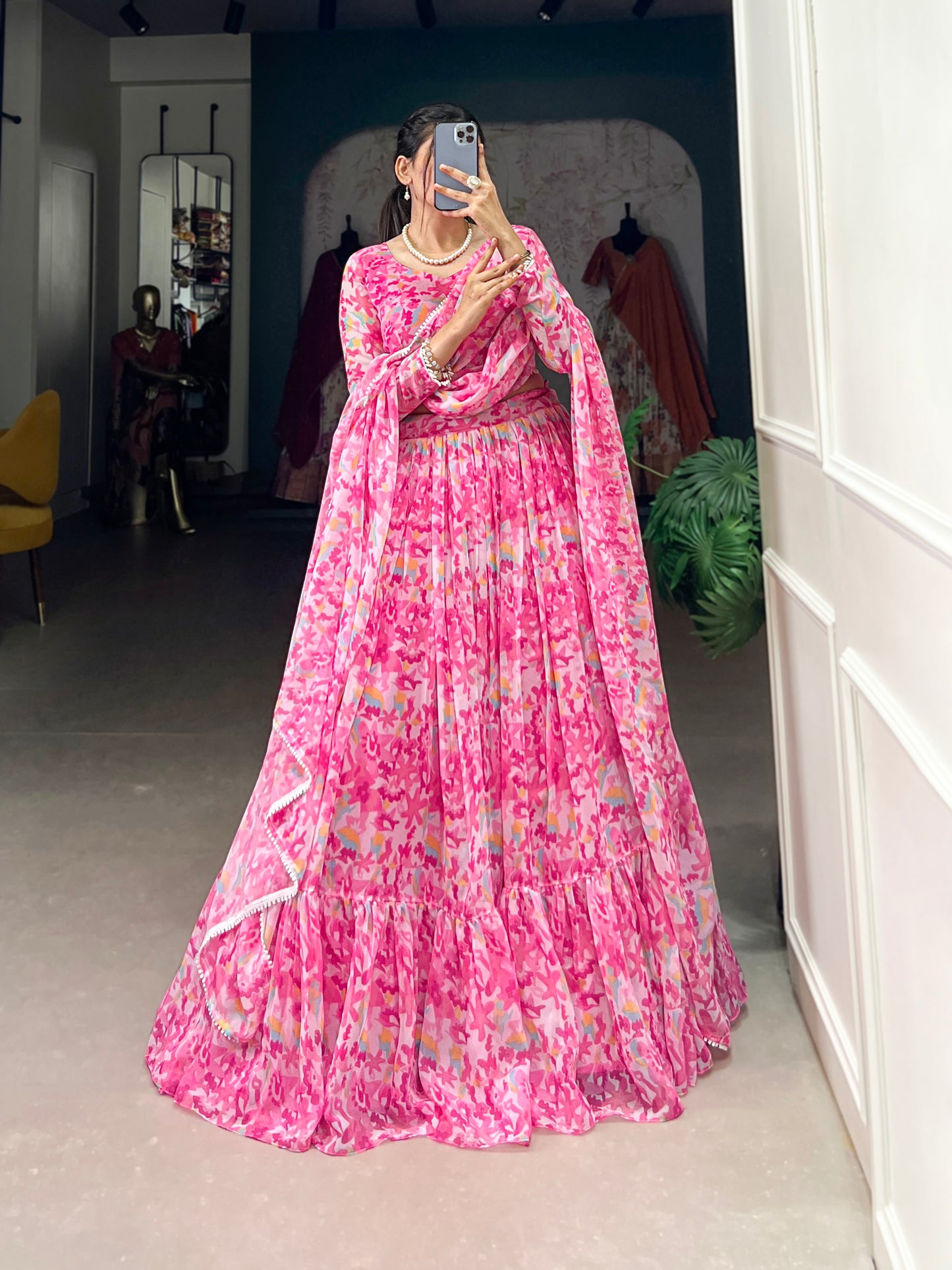 Lorenvalley Pink Georgette Printed Lehenga Choli - Distacart