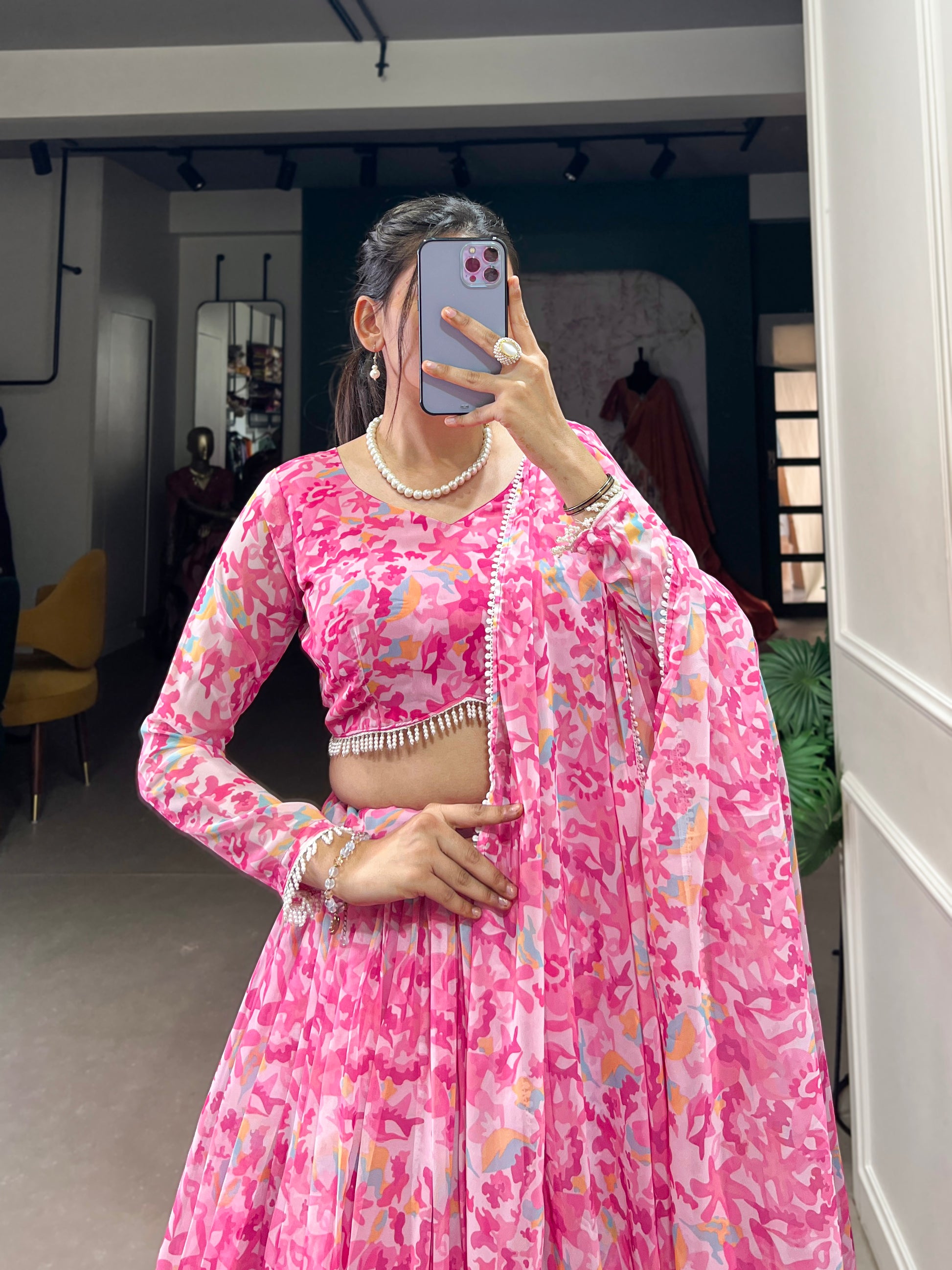 Lorenvalley Pink Georgette Printed Lehenga Choli - Distacart