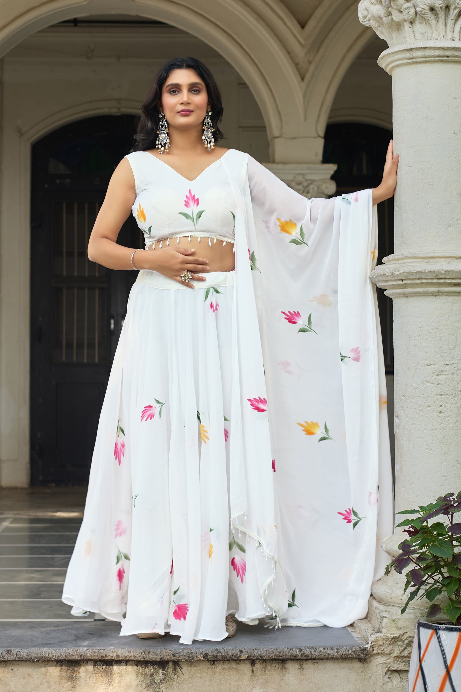 Lorenvalley Fashion White Georgette with Hand-painted Floral Design Lehenga Choli with Dupatta