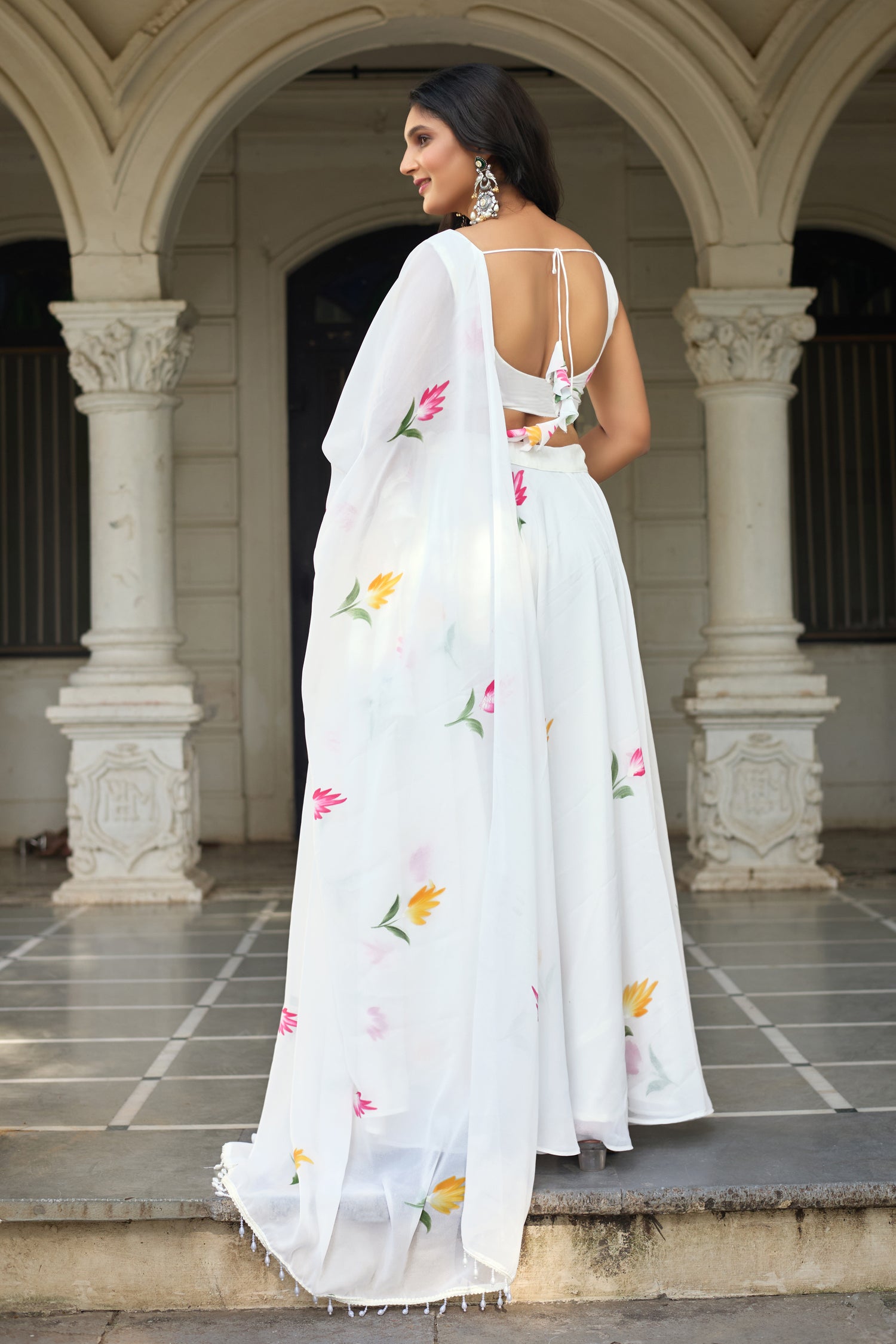 Lorenvalley Fashion White Georgette with Hand-painted Floral Design Lehenga Choli with Dupatta