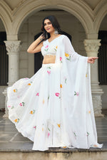Thumbnail for Lorenvalley Fashion White Georgette with Hand-painted Floral Design Lehenga Choli with Dupatta