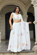 Thumbnail for Lorenvalley Fashion White Georgette with Hand-painted Floral Design Lehenga Choli with Dupatta