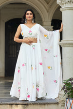 Thumbnail for Lorenvalley Fashion White Georgette with Hand-painted Floral Design Lehenga Choli with Dupatta