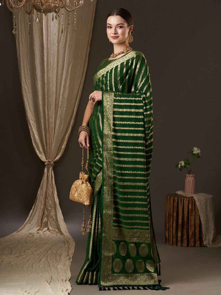 Anouk Green & Gold-Toned Woven Design Zari Pure Georgette Kanjeevaram Saree - Distacart
