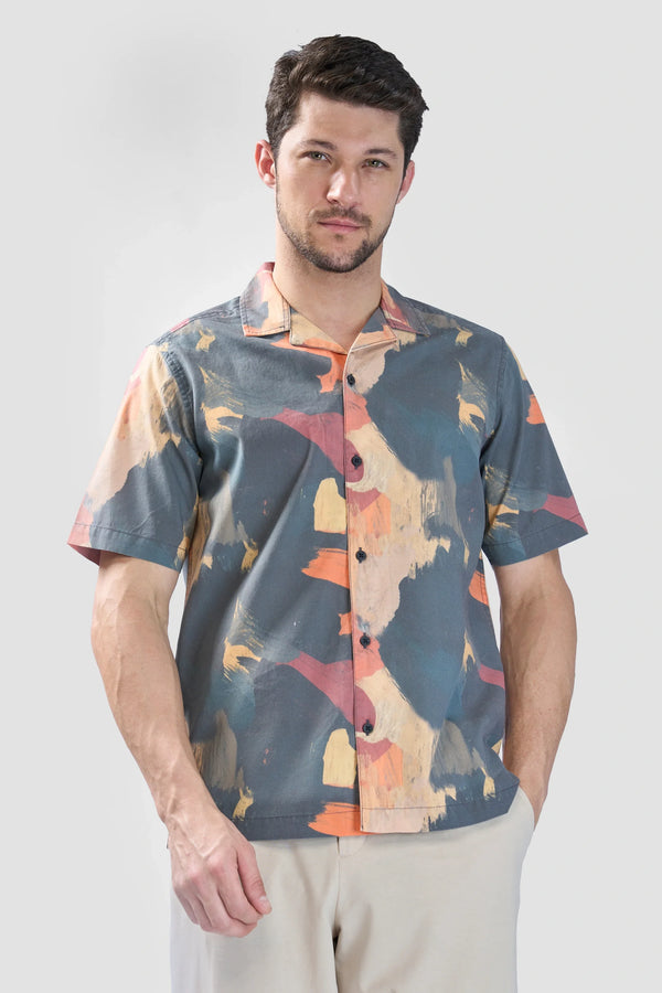 Xkind Dark Grey Abstract Printed Relaxed Fit Shirt