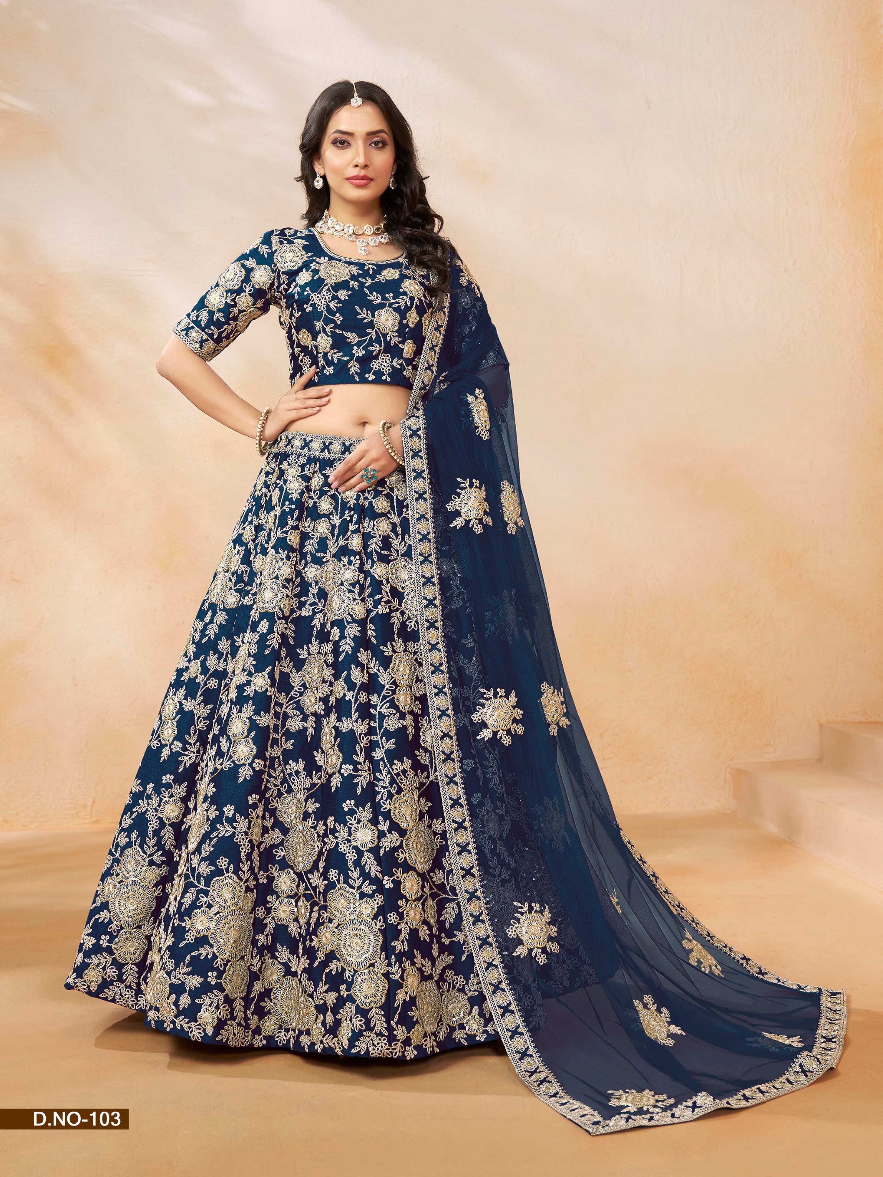 Anaita Navy Blue Embroidered Heavy Art Silk Designer Lehenga With Blouse - Distacart