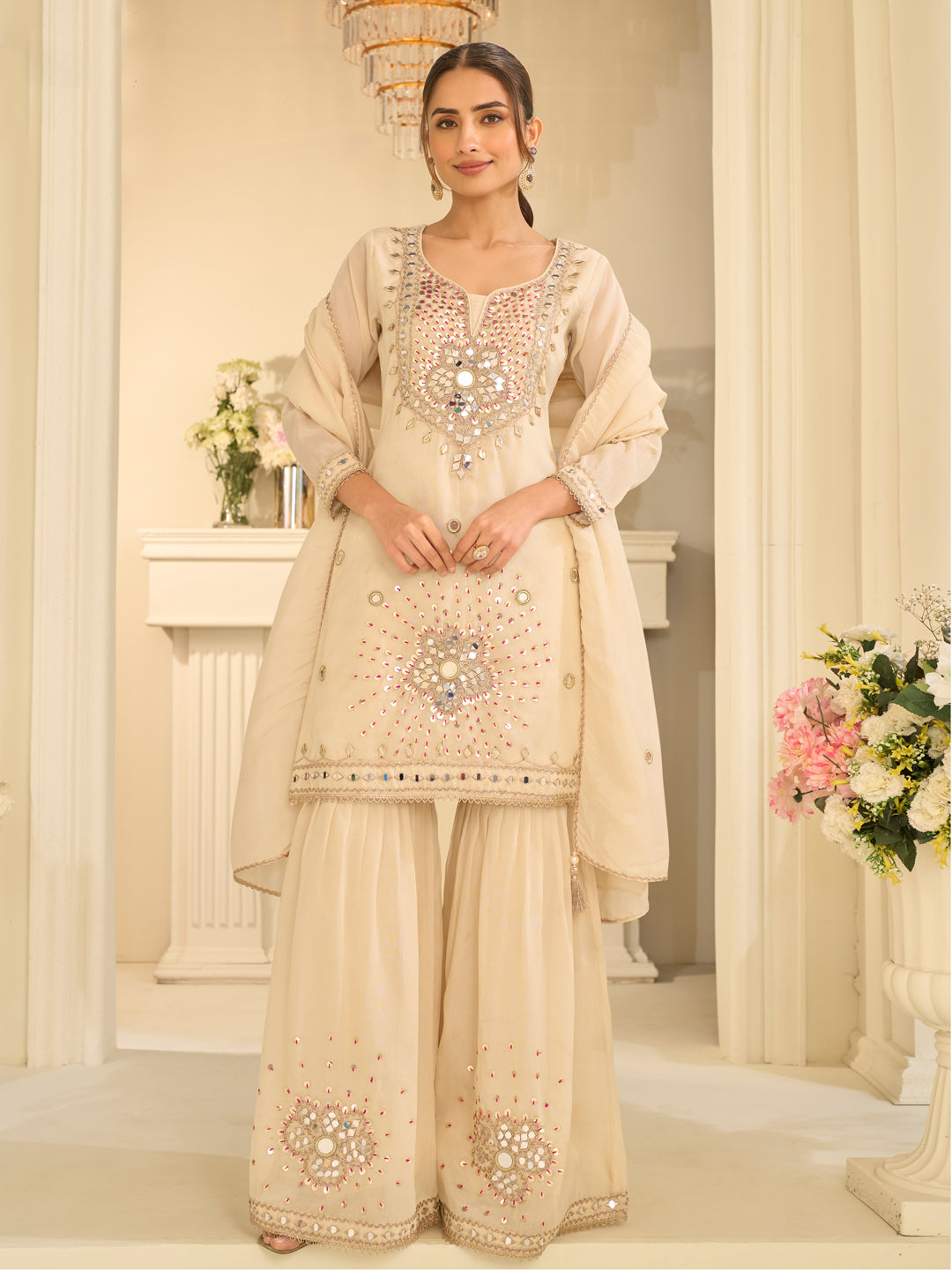 Evanik Cream Silk Blend with Real Mirror with Sequence Hand Work Kurta Sharara Dupatta Set - Dista