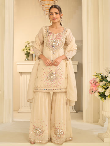 Evanik Cream Silk Blend with Real Mirror with Sequence Hand Work Kurta Sharara Dupatta Set - Dista