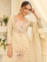 Thumbnail for Evanik Cream Silk Blend with Real Mirror with Sequence Hand Work Kurta Sharara Dupatta Set - Dista