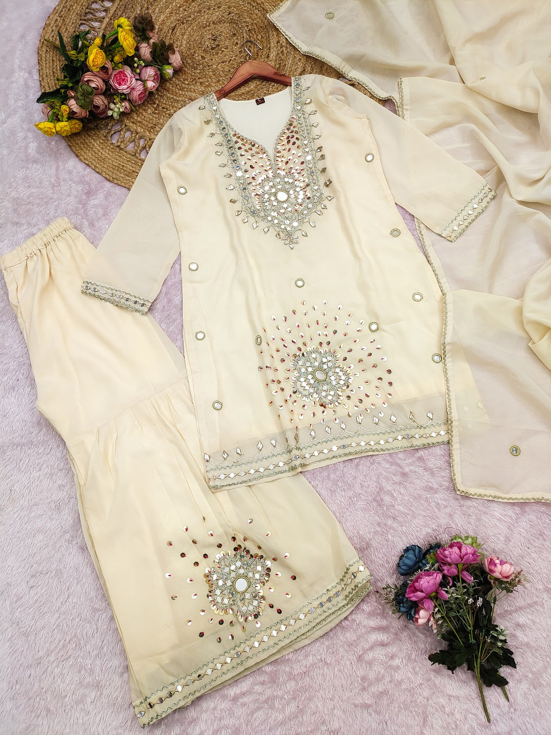 Evanik Cream Silk Blend with Real Mirror with Sequence Hand Work Kurta Sharara Dupatta Set - Dista