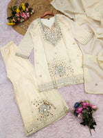 Thumbnail for Evanik Cream Silk Blend with Real Mirror with Sequence Hand Work Kurta Sharara Dupatta Set - Dista