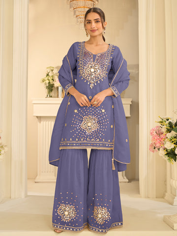 Evanik Lavender Silk Blend with Real Mirror with Sequence Hand Work Kurta Sharara Dupatta Set - Dista