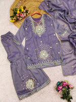 Thumbnail for Evanik Lavender Silk Blend with Real Mirror with Sequence Hand Work Kurta Sharara Dupatta Set - Dista