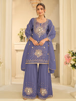 Thumbnail for Evanik Lavender Silk Blend with Real Mirror with Sequence Hand Work Kurta Sharara Dupatta Set - Dista