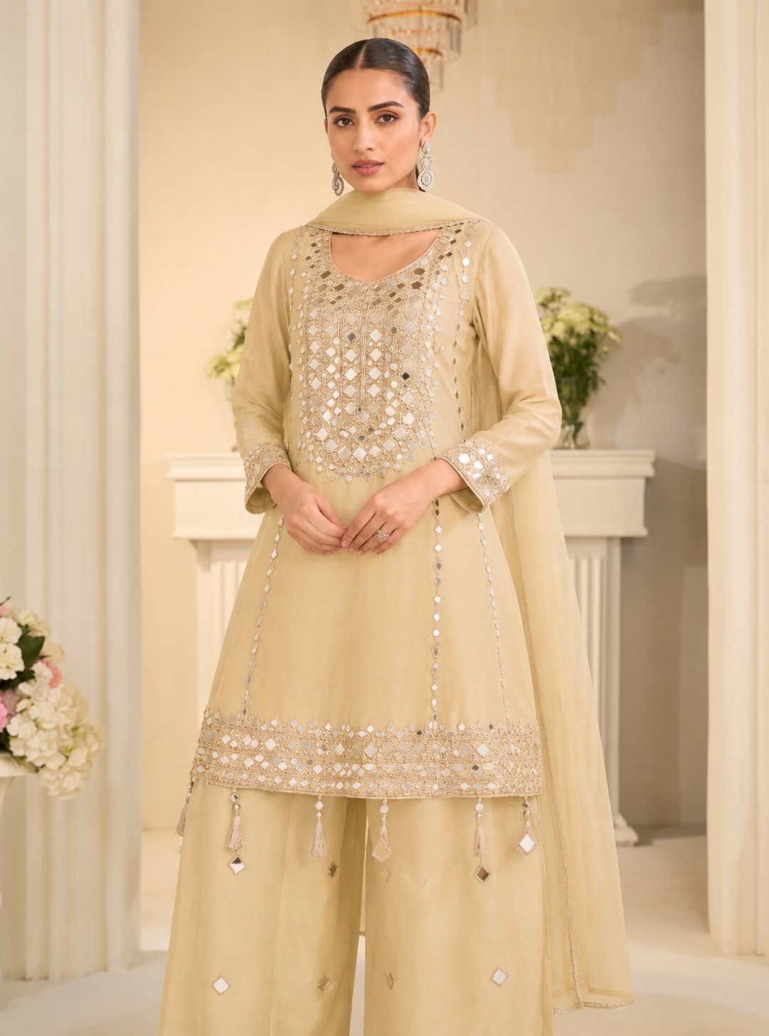 Anaita Beige Simmar Silk Free Size Stitched Plazzo Suit With Embroidery & Mirror Work