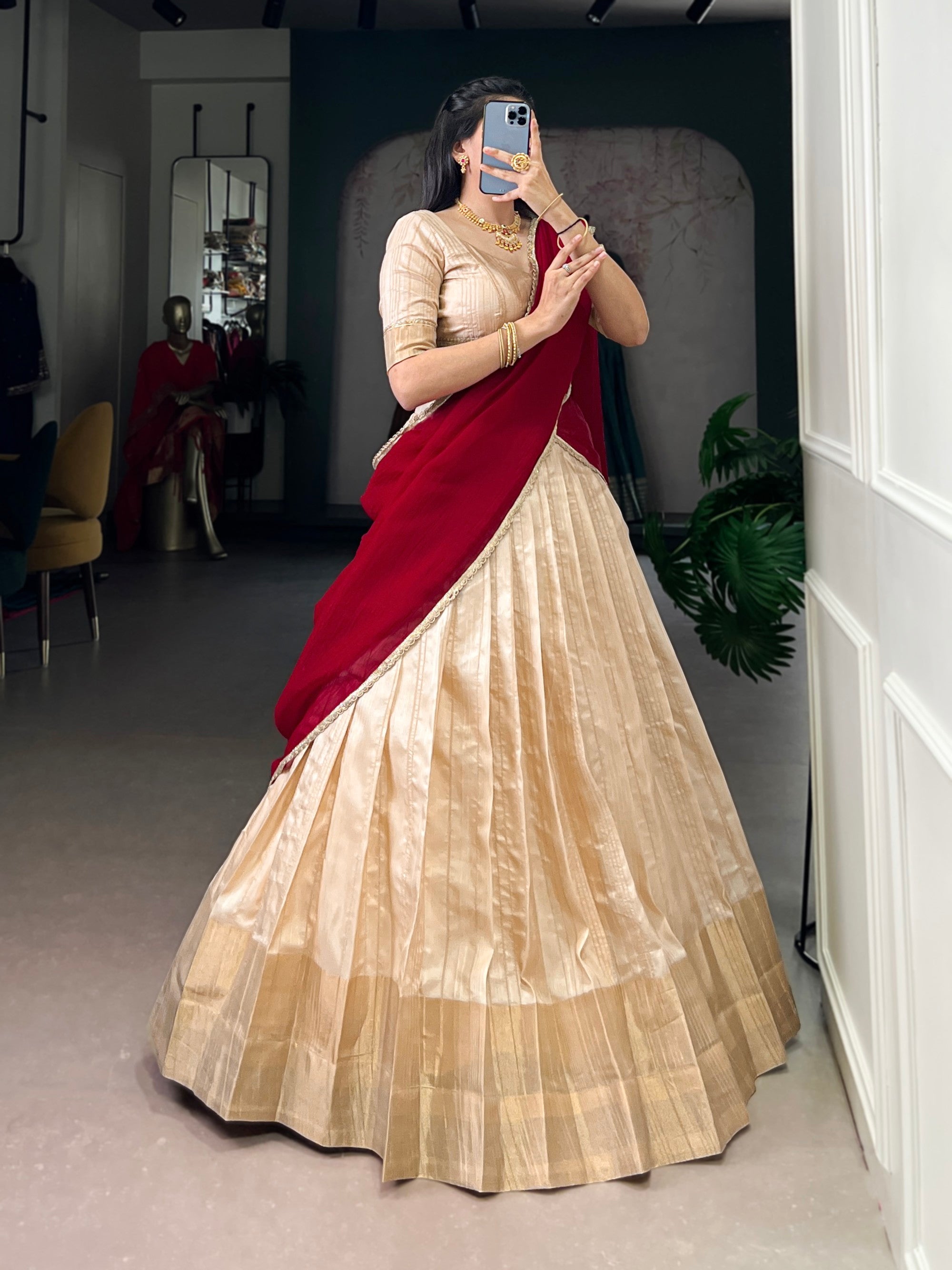 Lorenvalley Fashion Cream Handloom Zari Waving Work Lehenga Choli with Dupatta - Distacart