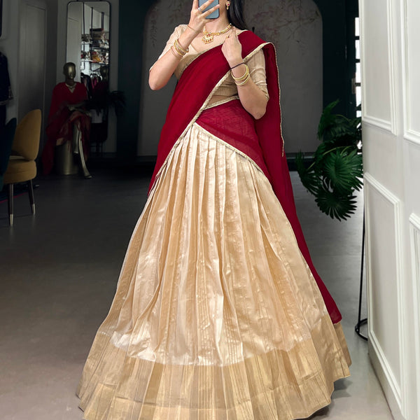 Lorenvalley Fashion Cream Handloom Zari Waving Work Lehenga Choli with Dupatta