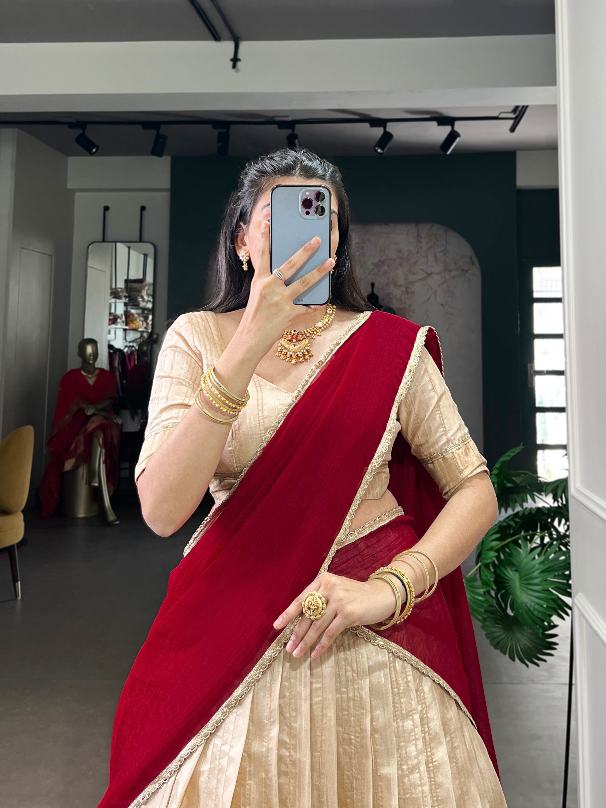 Lorenvalley Fashion Cream Handloom Zari Waving Work Lehenga Choli with Dupatta