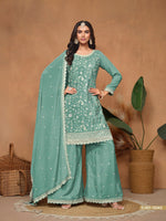 Thumbnail for Anaita Aqua Blue Embroidered Chinon Silk Palazzo Suit - Distacart
