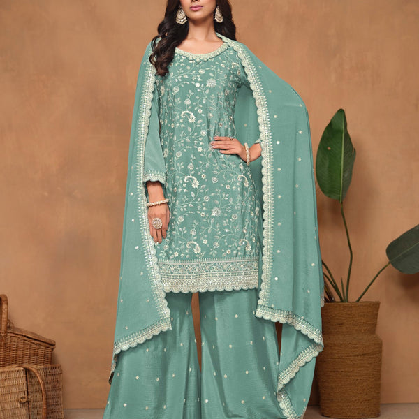 Anaita Aqua Blue Embroidered Chinon Silk Palazzo Suit - Distacart