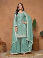 Thumbnail for Anaita Aqua Blue Embroidered Chinon Silk Palazzo Suit - Distacart