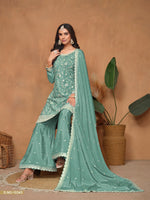 Thumbnail for Anaita Aqua Blue Embroidered Chinon Silk Palazzo Suit - Distacart