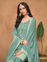 Thumbnail for Anaita Aqua Blue Embroidered Chinon Silk Palazzo Suit - Distacart