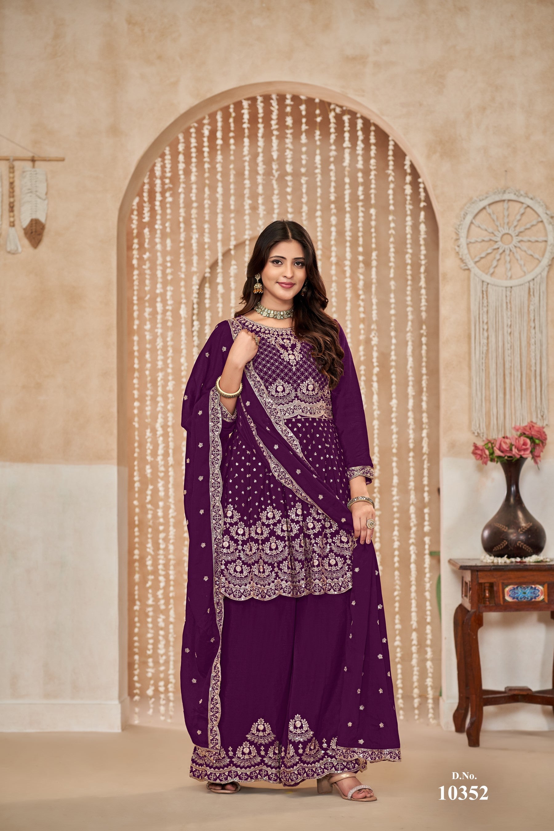 Anaita Purple Embroidered Chinon Silk Palazzo Suit - Distacart