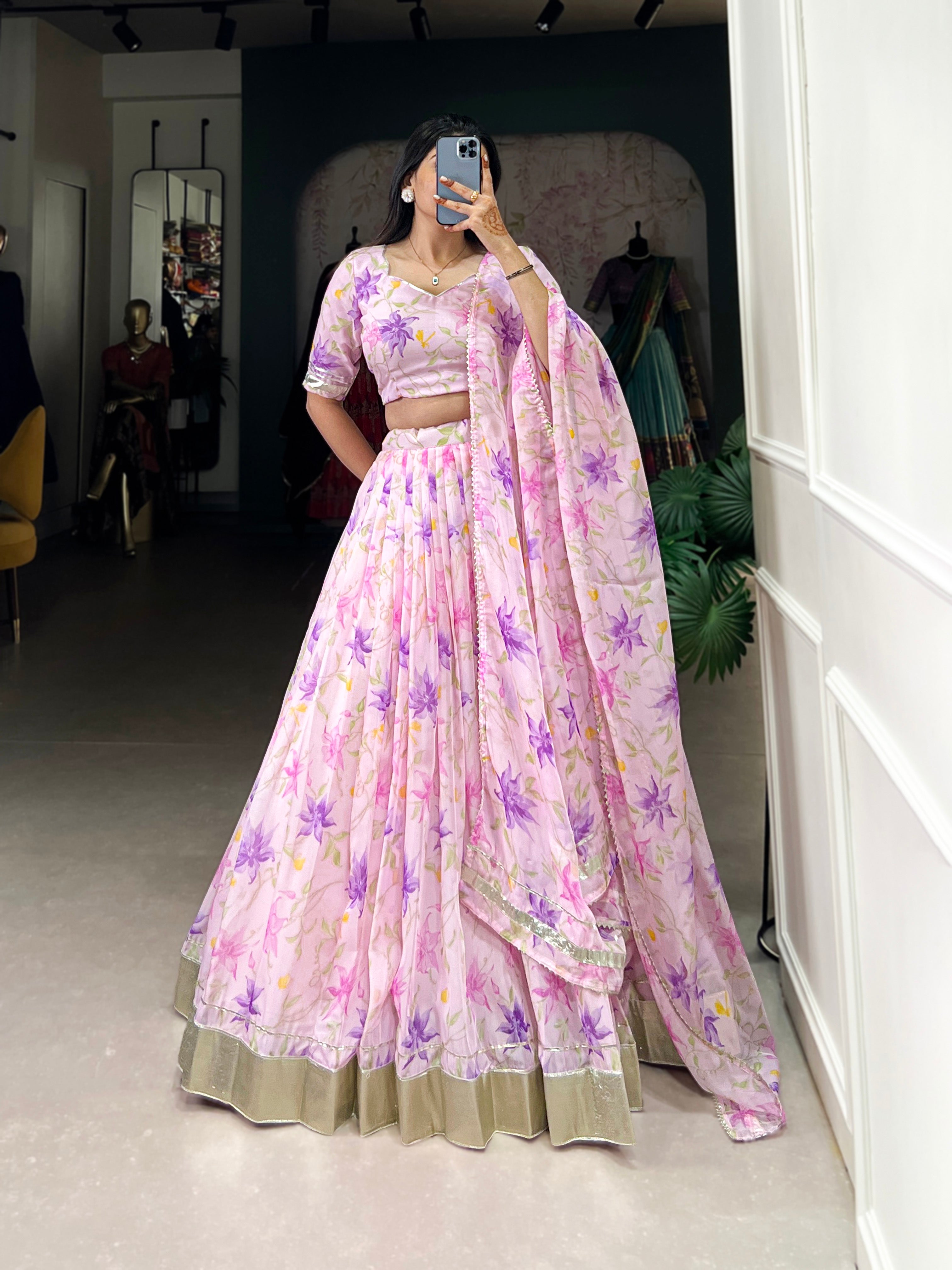 Lorenvalley Pink Tabby Silk Floral Print With Lace Touch Up Lehenga Choli with Dupatta - Distacart