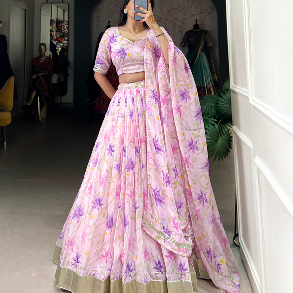 Lorenvalley Pink Tabby Silk Floral Print With Lace Touch Up Lehenga Choli with Dupatta - Distacart
