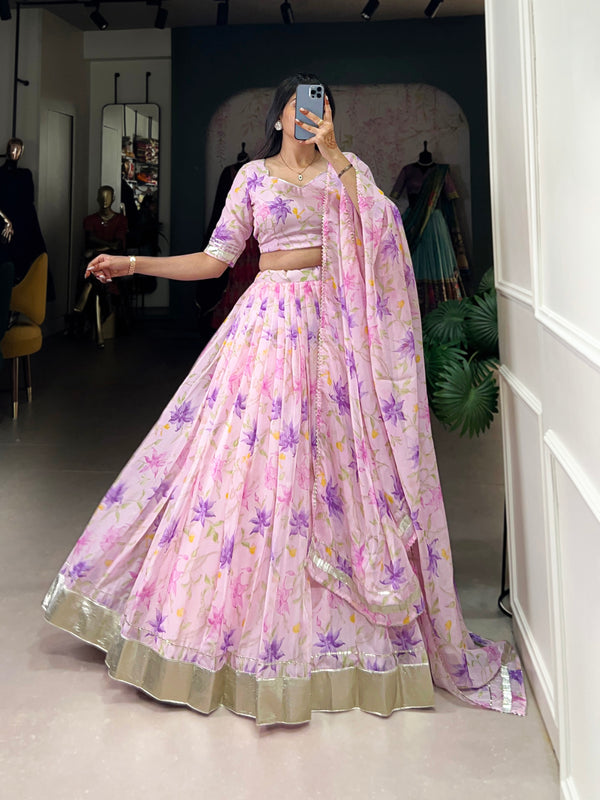 Lorenvalley Pink Tabby Silk Floral Print With Lace Touch Up Lehenga Choli with Dupatta