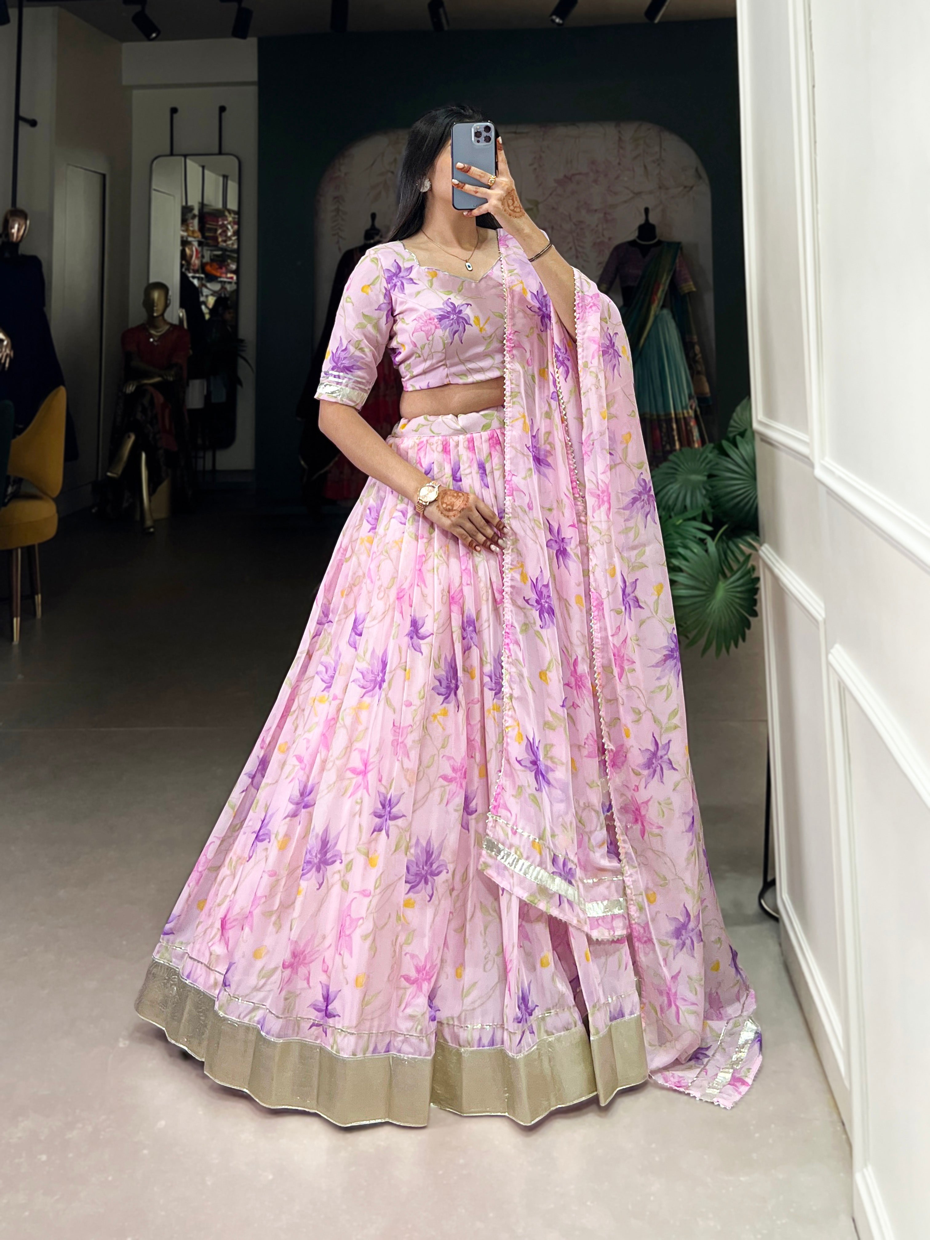 Lorenvalley Pink Tabby Silk Floral Print With Lace Touch Up Lehenga Choli with Dupatta