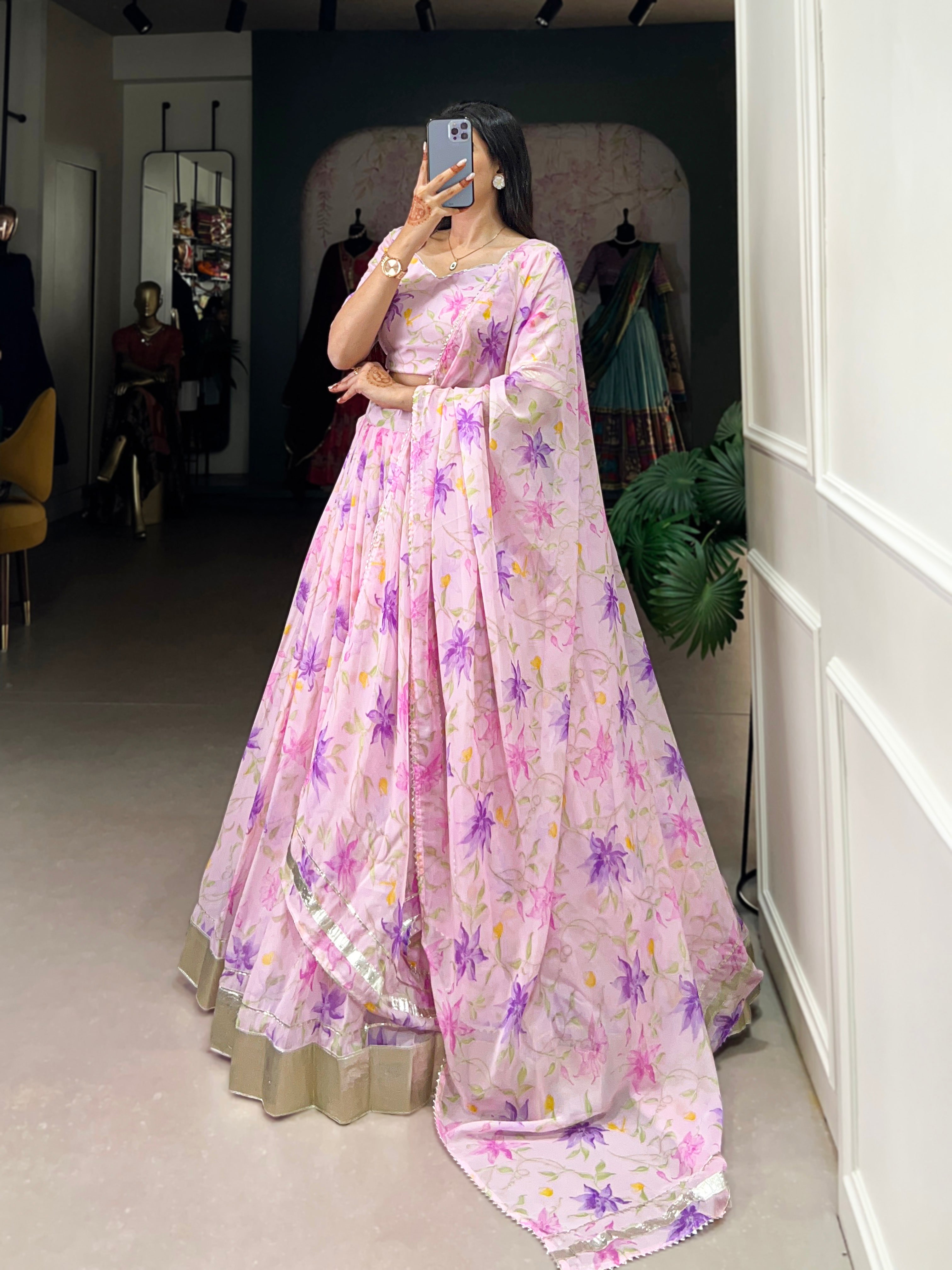 Lorenvalley Pink Tabby Silk Floral Print With Lace Touch Up Lehenga Choli with Dupatta