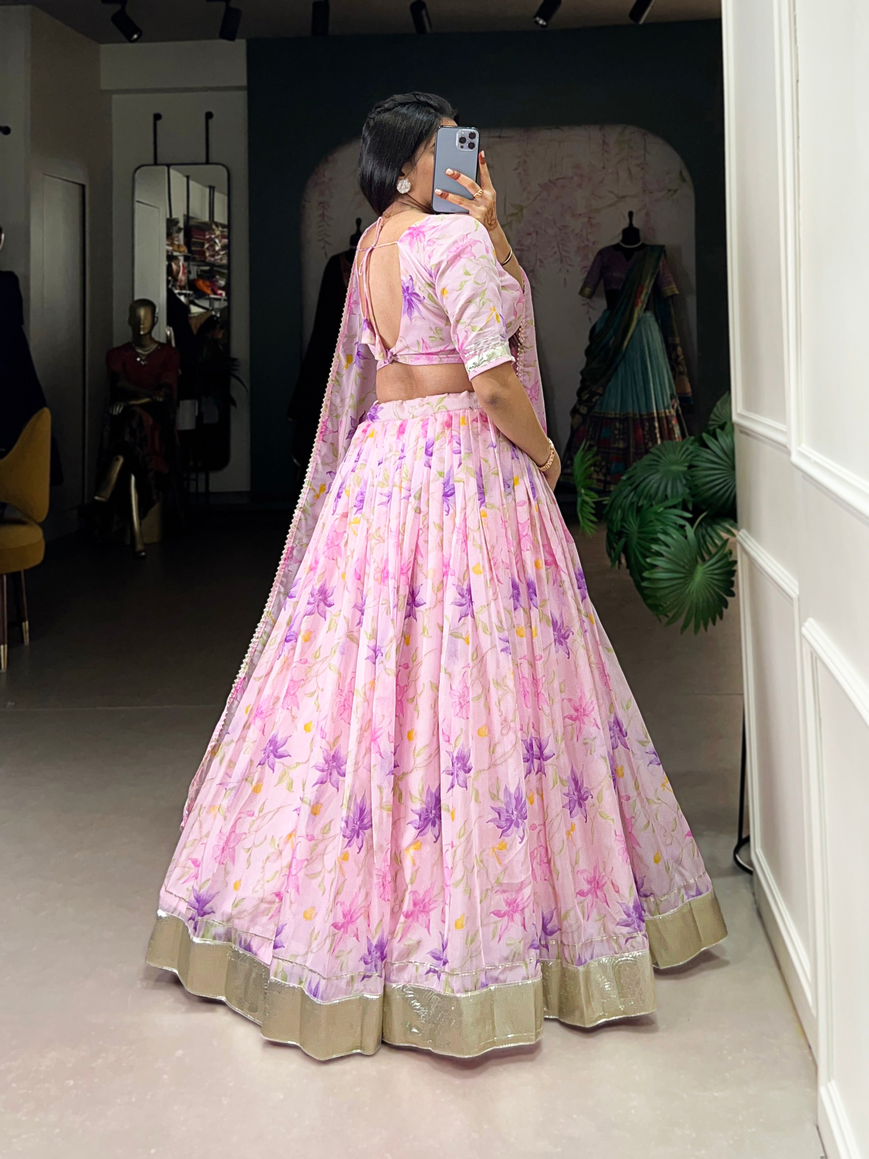 Lorenvalley Pink Tabby Silk Floral Print With Lace Touch Up Lehenga Choli with Dupatta