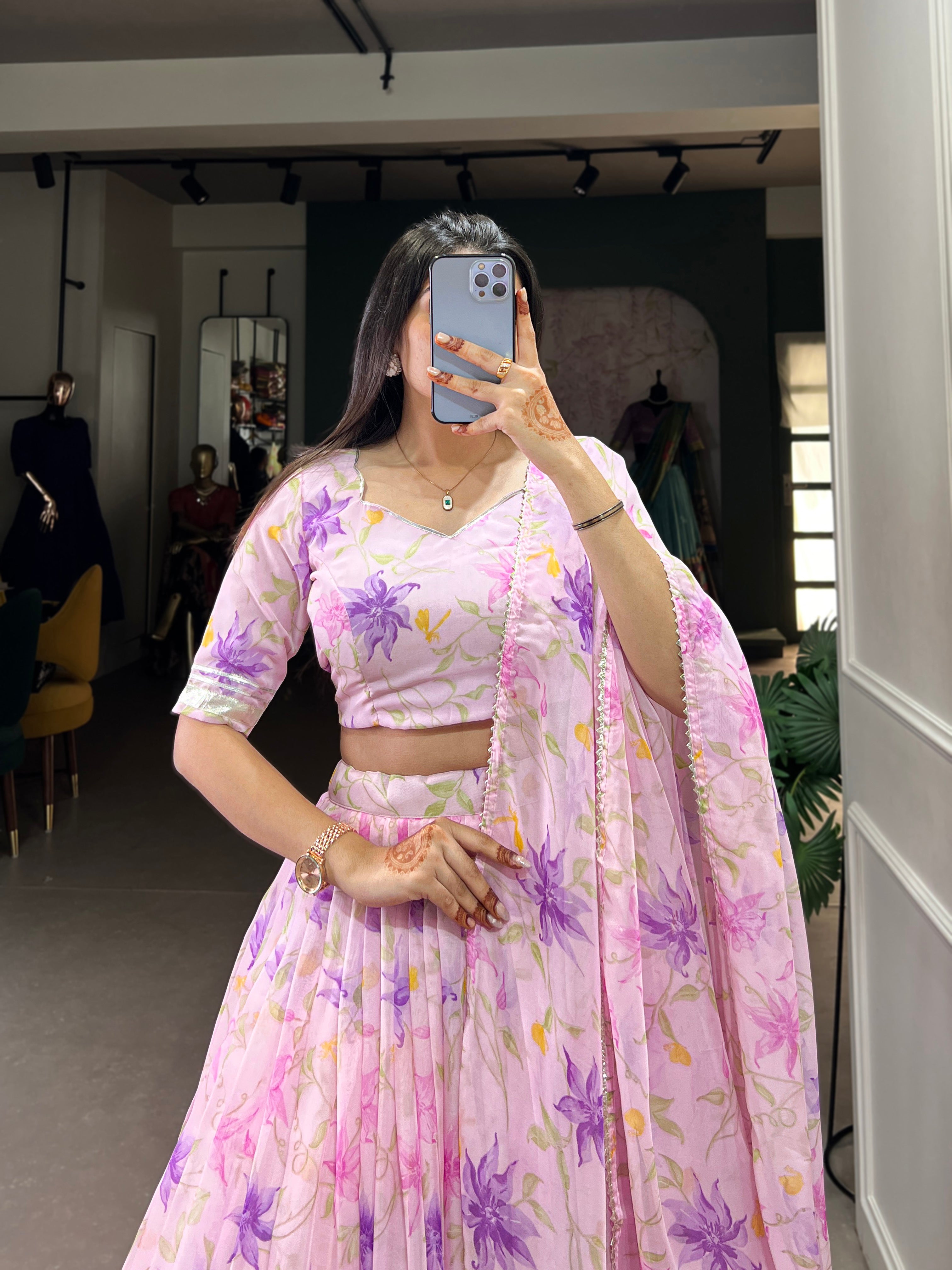 Lorenvalley Pink Tabby Silk Floral Print With Lace Touch Up Lehenga Choli with Dupatta