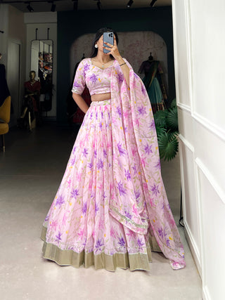 Lorenvalley Pink Tabby Silk Floral Print With Lace Touch Up Lehenga Choli with Dupatta - Distacart