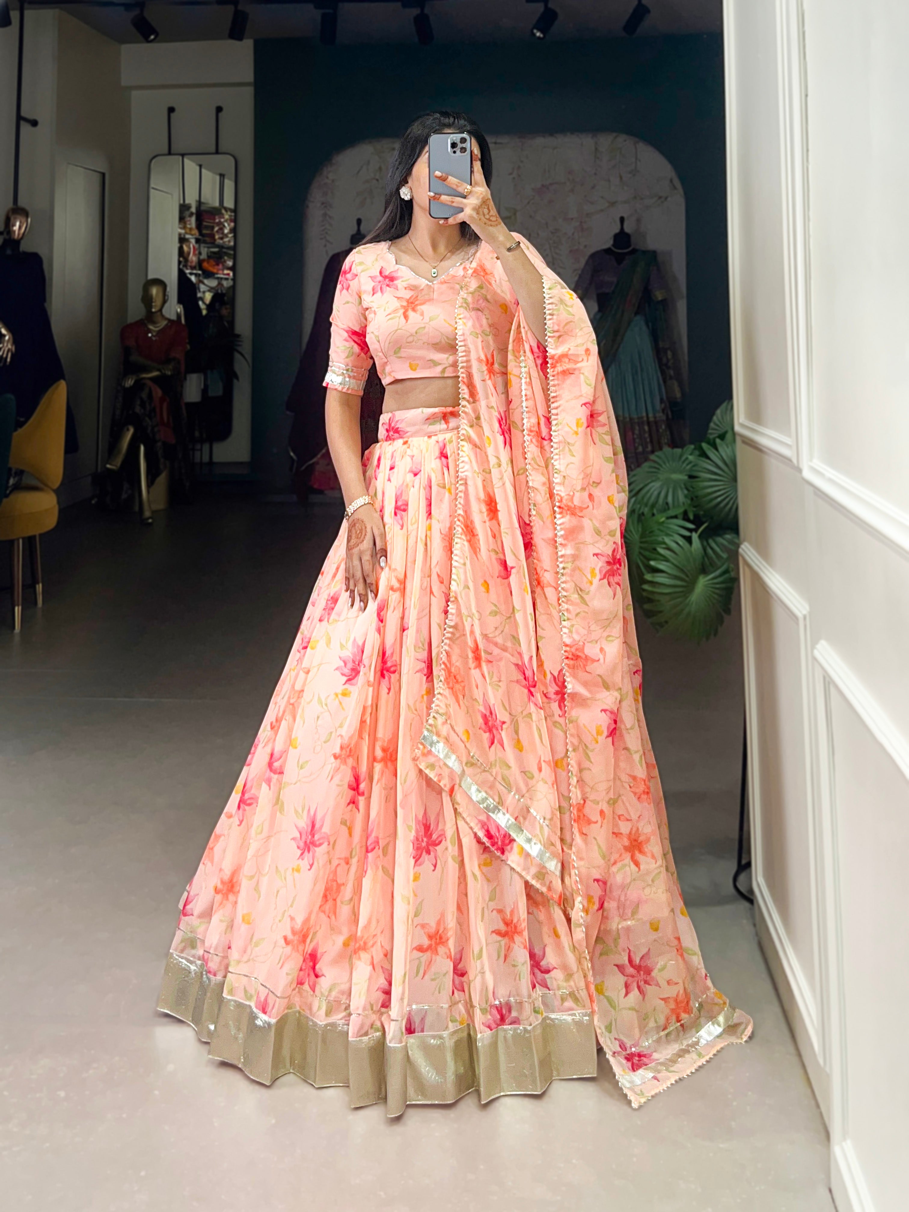 Lorenvalley Peach Tabby Silk Floral Print With Lace Touch Up Lehenga Choli with Dupatta - Distacart