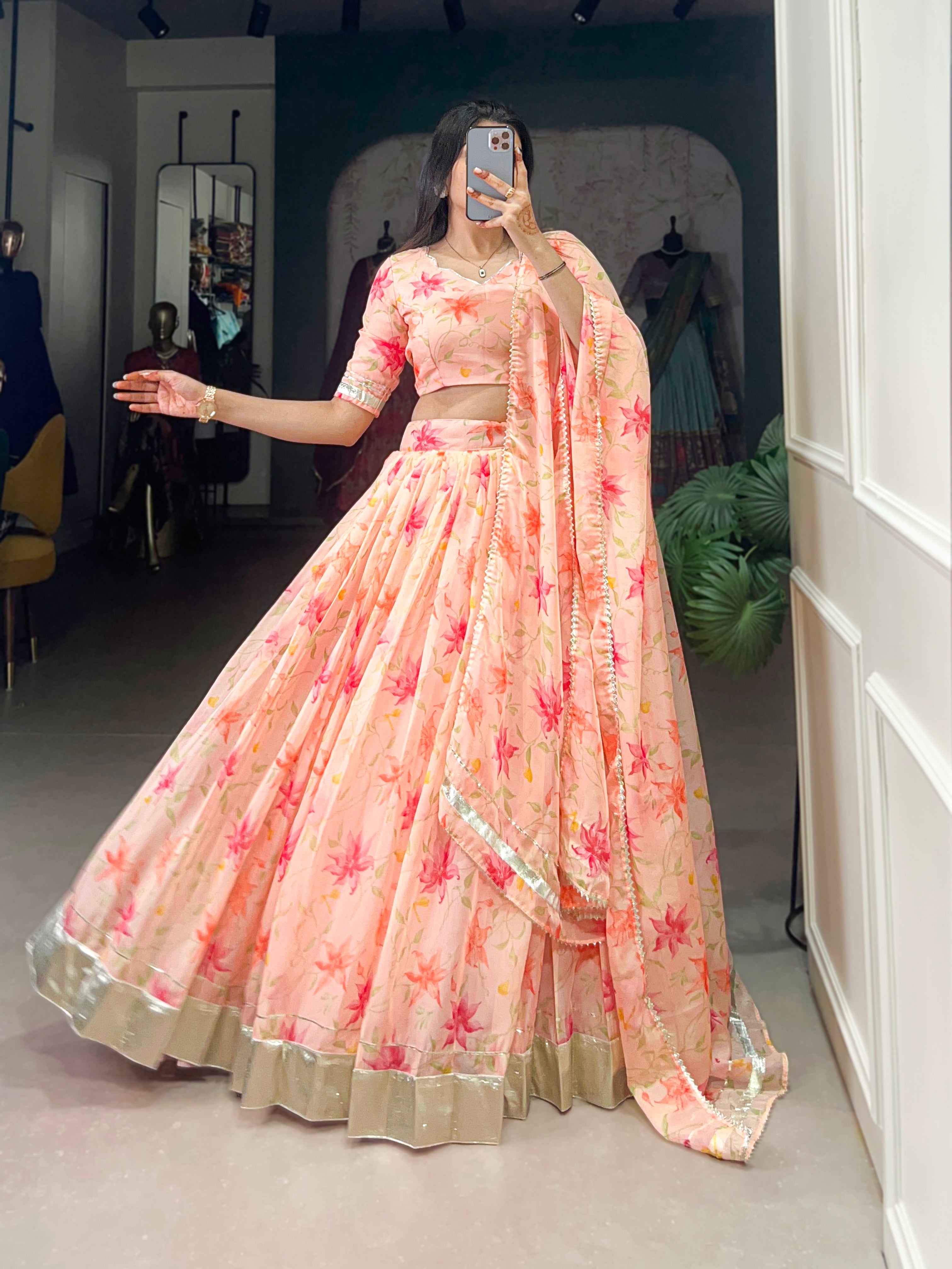 Lorenvalley Peach Tabby Silk Floral Print With Lace Touch Up Lehenga Choli with Dupatta - Distacart