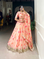 Thumbnail for Lorenvalley Peach Tabby Silk Floral Print With Lace Touch Up Lehenga Choli with Dupatta