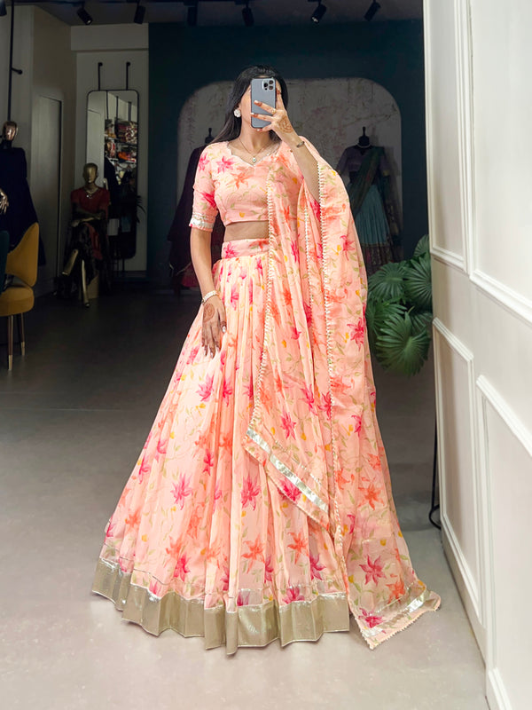 Lorenvalley Peach Tabby Silk Floral Print With Lace Touch Up Lehenga Choli with Dupatta