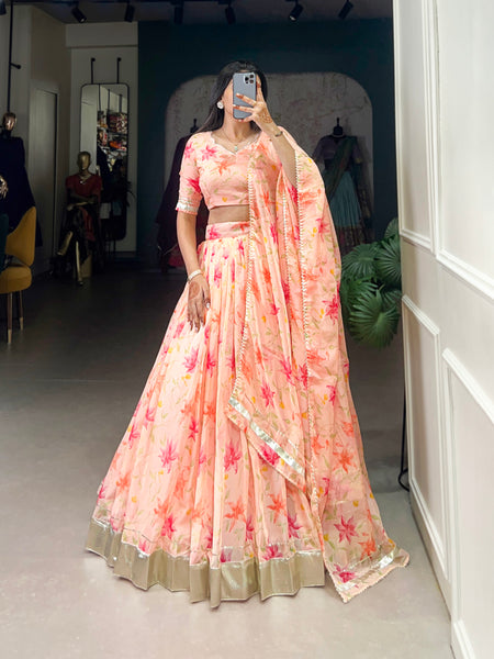 Lorenvalley Peach Tabby Silk Floral Print With Lace Touch Up Lehenga Choli with Dupatta