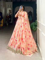 Thumbnail for Lorenvalley Peach Tabby Silk Floral Print With Lace Touch Up Lehenga Choli with Dupatta