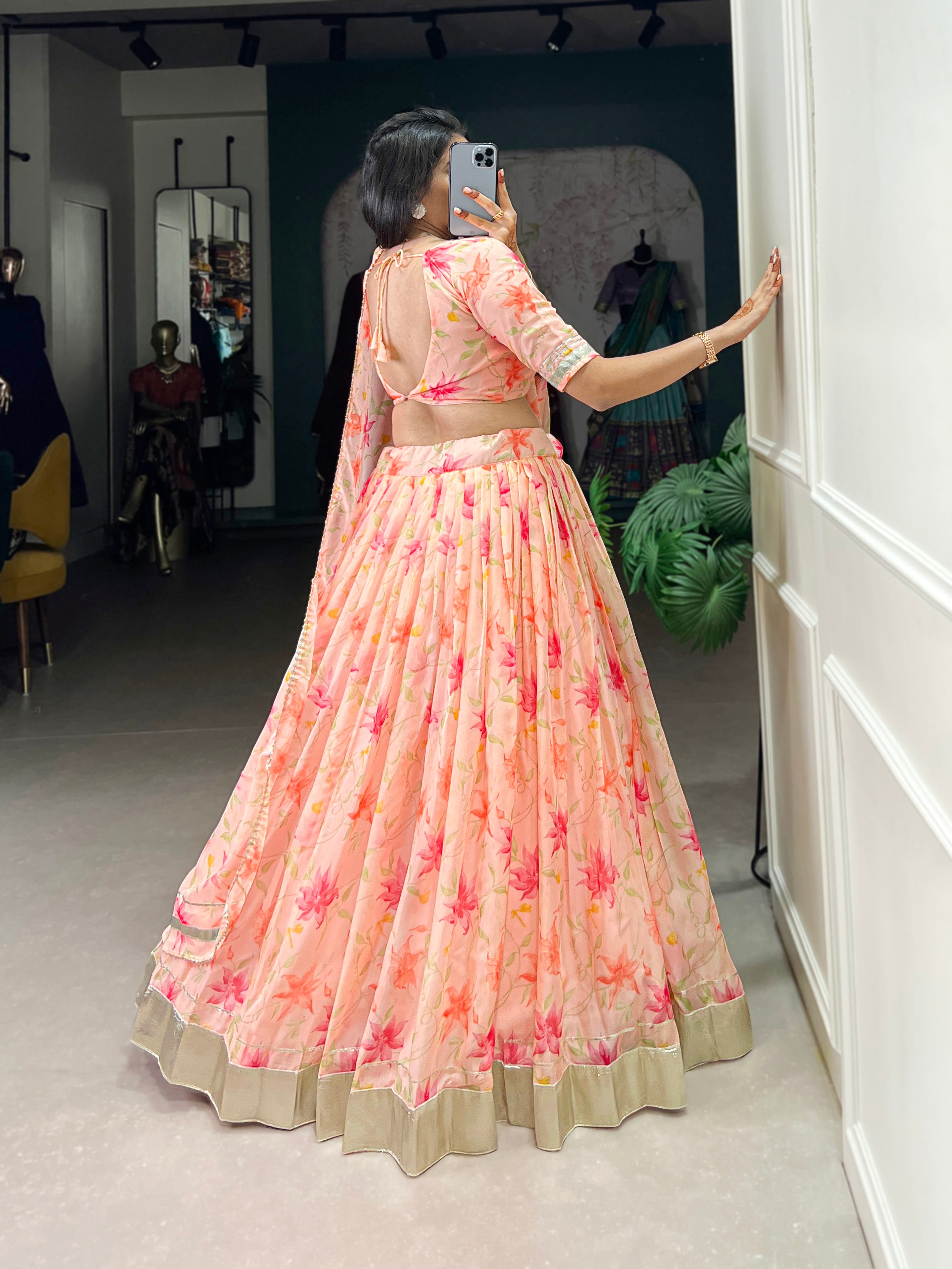 Lorenvalley Peach Tabby Silk Floral Print With Lace Touch Up Lehenga Choli with Dupatta
