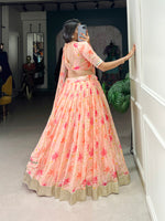 Thumbnail for Lorenvalley Peach Tabby Silk Floral Print With Lace Touch Up Lehenga Choli with Dupatta